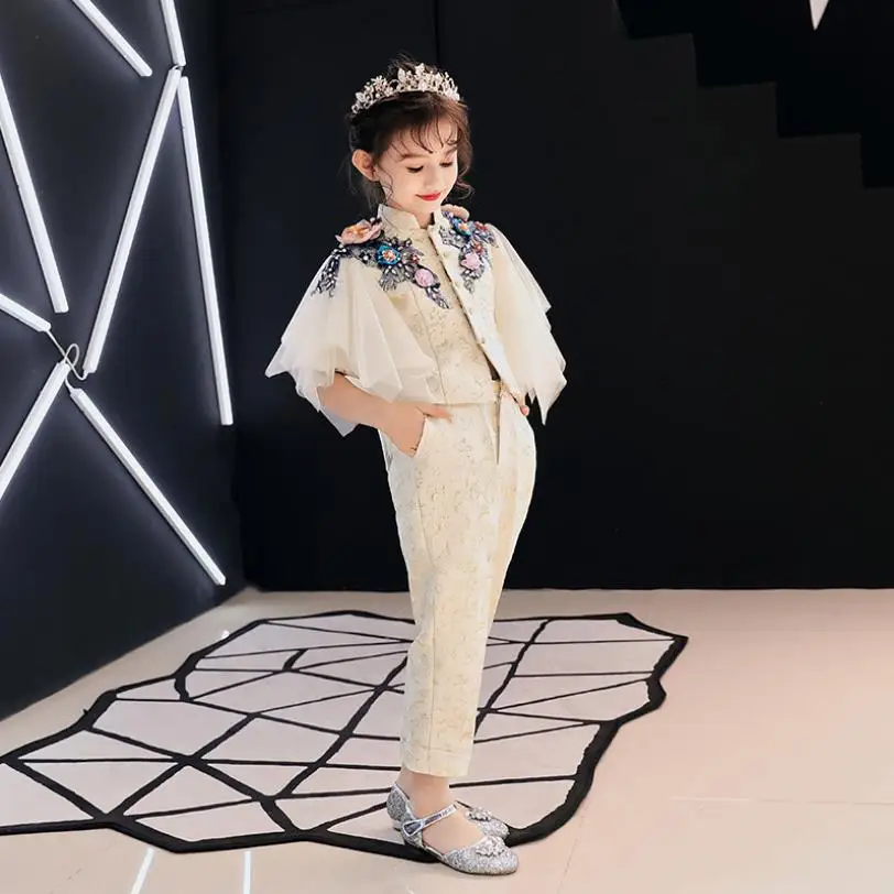 Luxury Girls Blazers Suit Lace Embroidery beading Kids Pageant Gown Birthday Costume Appliques Fashion Evening Dress Sets L47