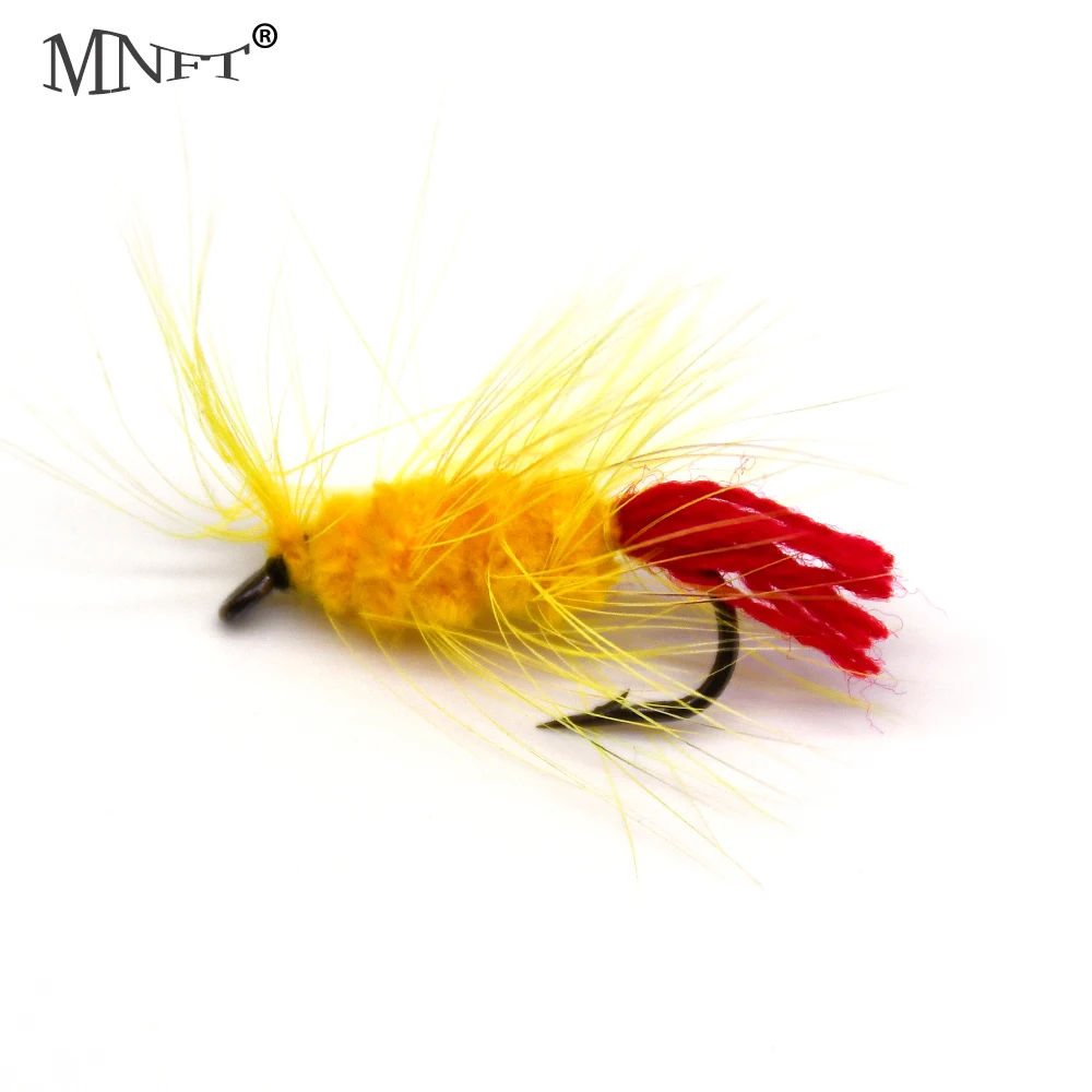 MNFT 10PCS Bionic Man-made Yellow Woolly Worm Red Tail Trout Fly Fishing Barb Lures Hooks 6#