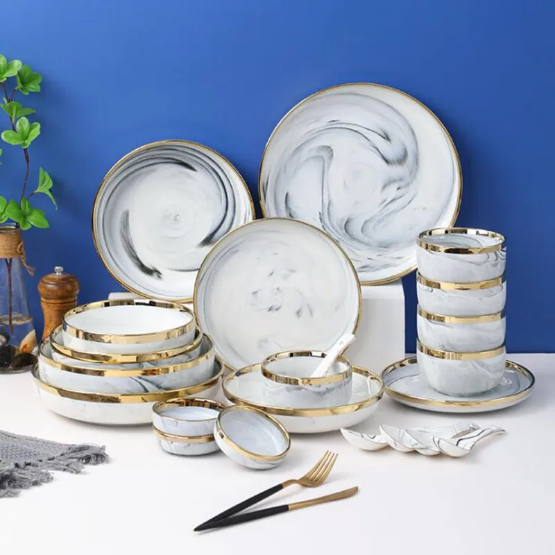 New Double-sided Gilt Rim Gray Marble Pattern Porcelain Dinner Tray Kitchen Plates Ceramic Food Dishes Rice Salad Noodles Bowl