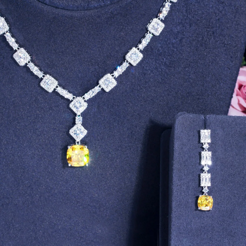 

Pera Shiny Clear Yellow Cubic Zirconia Long Dangle Square Link Pendant Necklace and Earrings Sets for Women Banquet Jewelry J490
