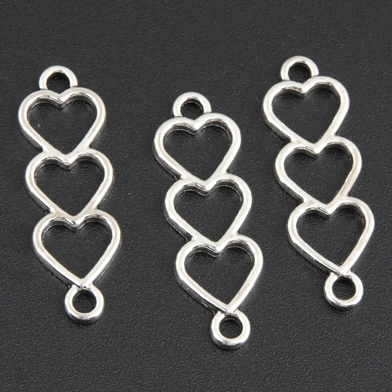 50pcs Silver Color 24x8mm Triple Heart Charms Love Connector Pendant Fit DIY Handmade Metal Jewelry Findings Supplies