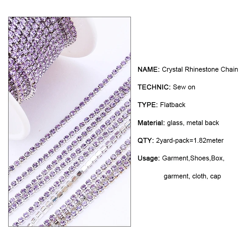 2yards Rhinestones Chain Silver Base Glass Rhinestones Strass Colorful Trimming Color Bottom Metal Cup Chain DIY Decor