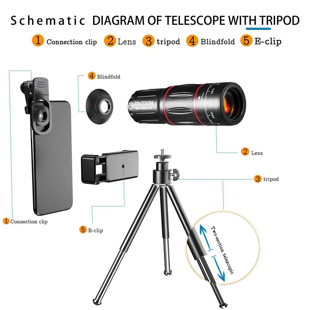 4 em 1 lente telefoto com suporte para celular e tripé, zoom 28x, para iphone