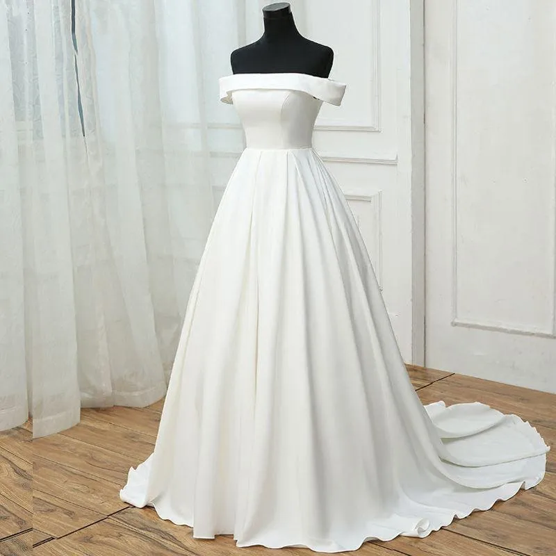 Robe De mariée Simple en Satin, épaules dénudées, ligne a, à lacets dans le dos, balayage, grande taille, personnalisable, 2020