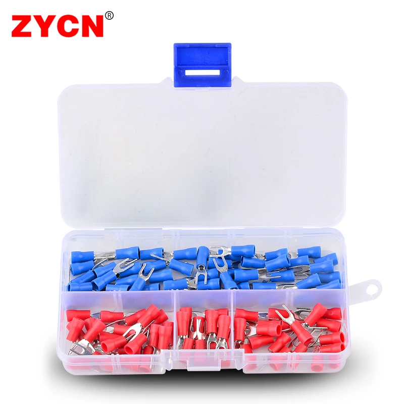 100PCS/Box SV Furcate Crimp Connector Pressed Terminals SV2-4/5/6 1.25-3/4 Color Pre-Insulating Cable Wire Fork Spade AWG 22-10