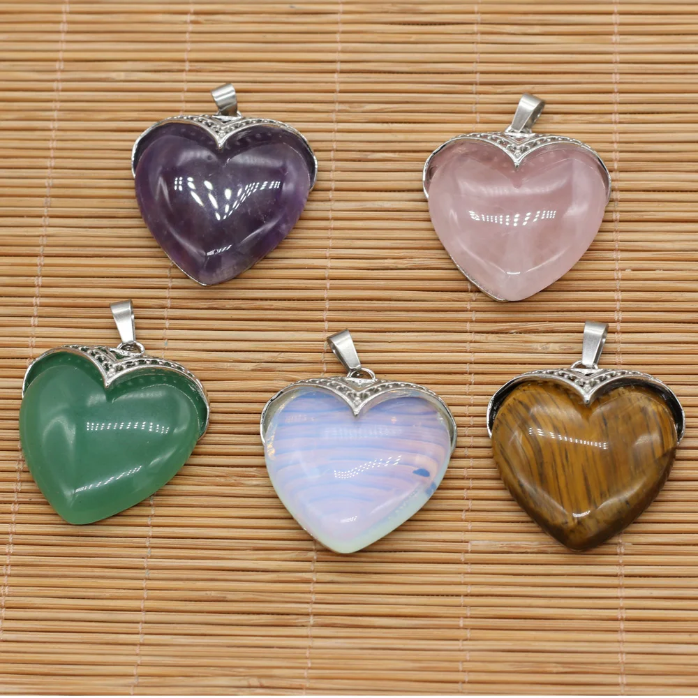 Natural Rose Quartzs Amethysts Pendant Metal Alloy Heart Shape Stone Pendants for DIY Jewelry Making Necklace 32x35mm