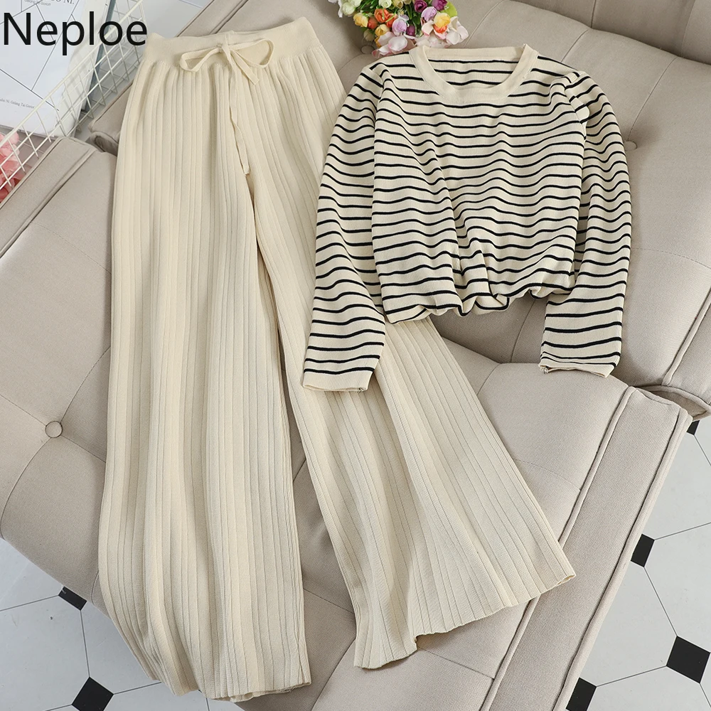 Neploe Two Piece Outfits for Women Striped Long Sleeve Tshirt+high Waist Wide Leg Pants Korean Fall Clothes Suit 2 Piece Set