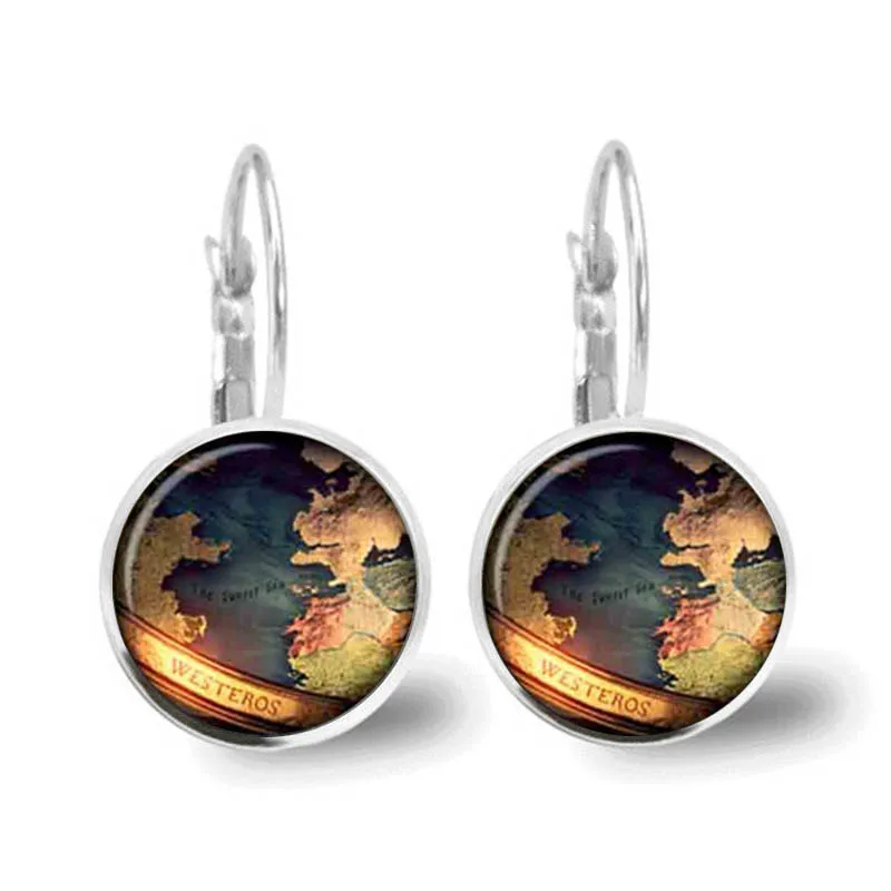 New American Movie Map Brass Post Women's Glass Punk Jewelry Stud Earth World Map 1pair / Lot Arrow Vintage Earrings Steampunk