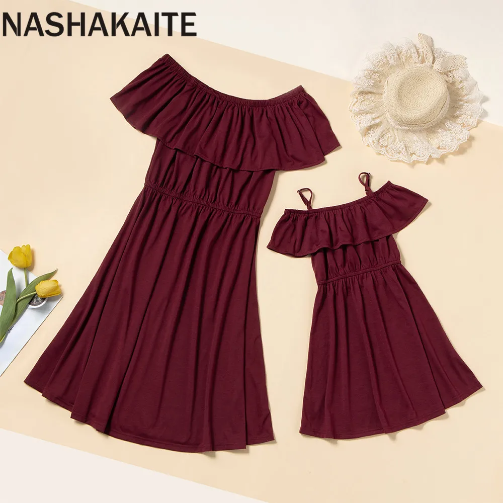 NASHAKAITE Summer Mom and daughter Dress Ruffles Sexy Off Shoulder Red Wine Dresses For Mother Daughter Mum And Daughter Clothes