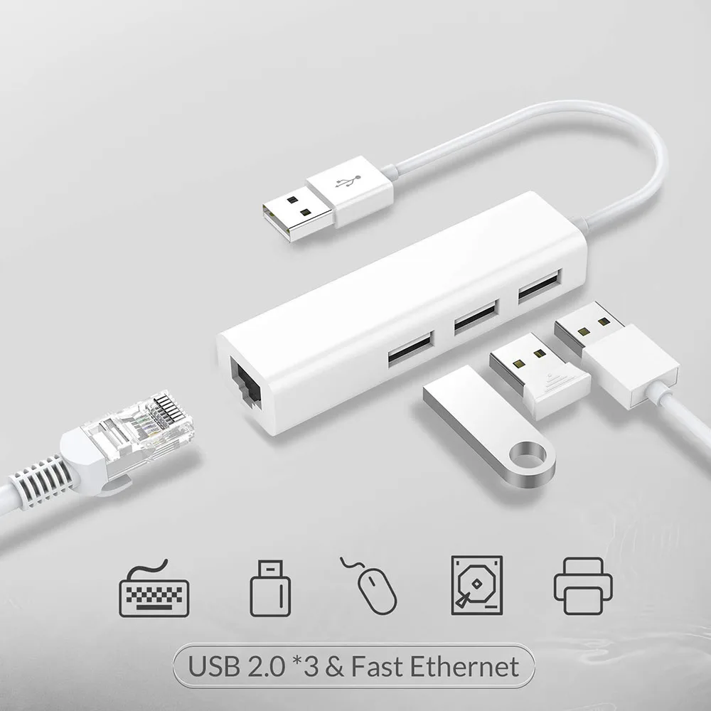 3 USB 2.0 Ports Hub With USB Ethernet RJ45 LAN Adapter Laptop Ethernet Dock Network Extender For Mac IOS Android PC Chromebook