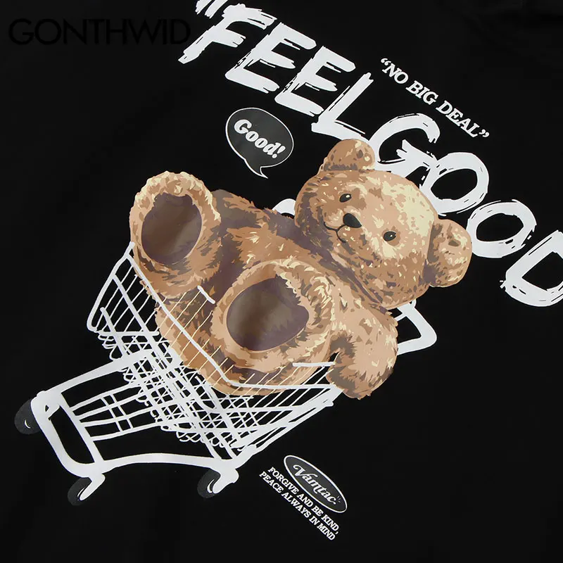 GONTHWID Men Hip Hop Hoodie Sweatshirt Streetwear Funny Bear Print Hooded Harajuku Winter Cotton Fleece Pullover Khaki Black