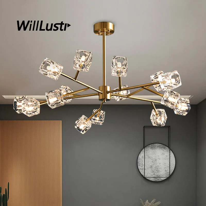 Luxury Crystal Pendant Lamp Square Shade Hotel Mall Restaurant Sitting Room Bedroom Modern Copper Molecular Suspension Lighting