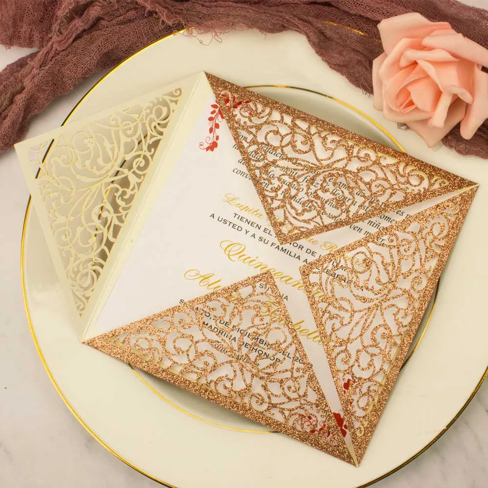 1X sample Invitation Card Silver Rose Gold Glittery Laser Cut Wedding Invitations marriage Invite Greeting cards birthday party