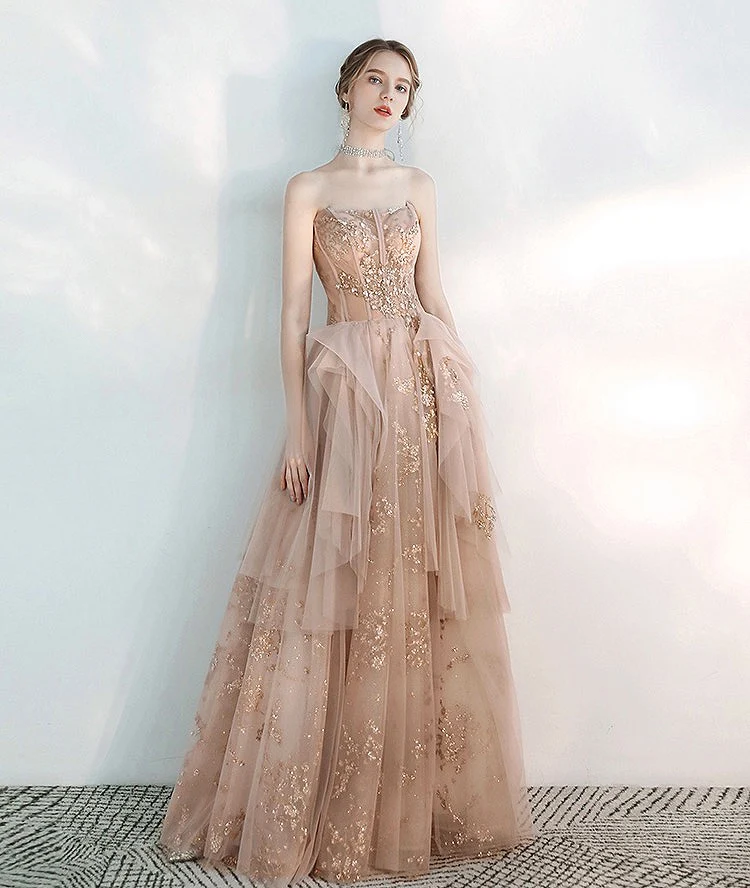 

Strapless Champagne Pink Evening Dresses Sweetheart Neck Sequin Beaded A Line Wedding Graduation Party Prom Celebrity Gowns New