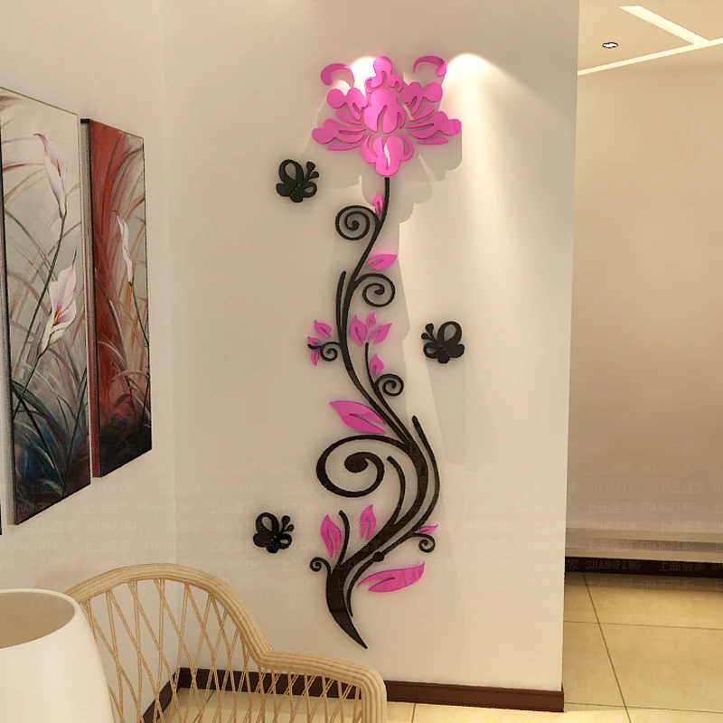 

Rose Flower Vine Acryilc Wall Sticker for Living Room, Bedroom, 3D Mirror Wall Stickers, DIY Art, Home Decor