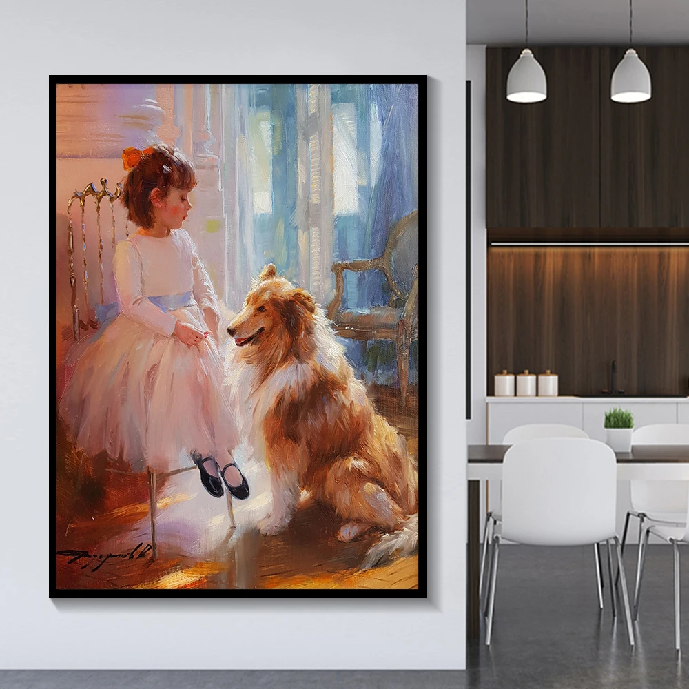 Konstantin Razumov《Cute Little Girl and dog》Canvas Oil painting Artwork Poster Picture Modern Wall decor Home Decoration