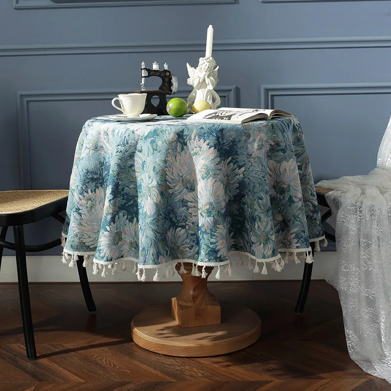 Beige tassel tablecloth with flower design for home, jacquard tablecloth, round table cover, blue oil painting