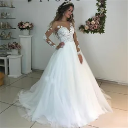 Abiti da sposa personalizzati con maniche lunghe Illusion Scoop Applicazioni in pizzo Abito da sposa in tulle bianco con retro trasparente Abiti da sposa in pizzo