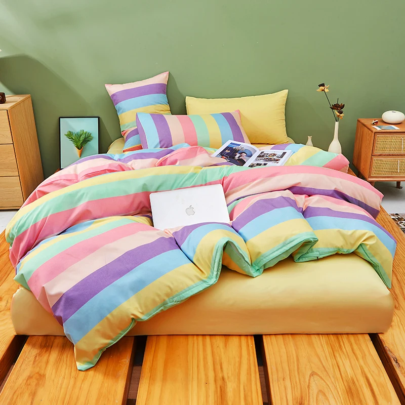 

Kawaii Rainbow Bedding Set Fashion Matching Soft Warm Comfort A/B Brushed Fabric Bed Sheet Duvet Cover Home King Queen Size 4pcs