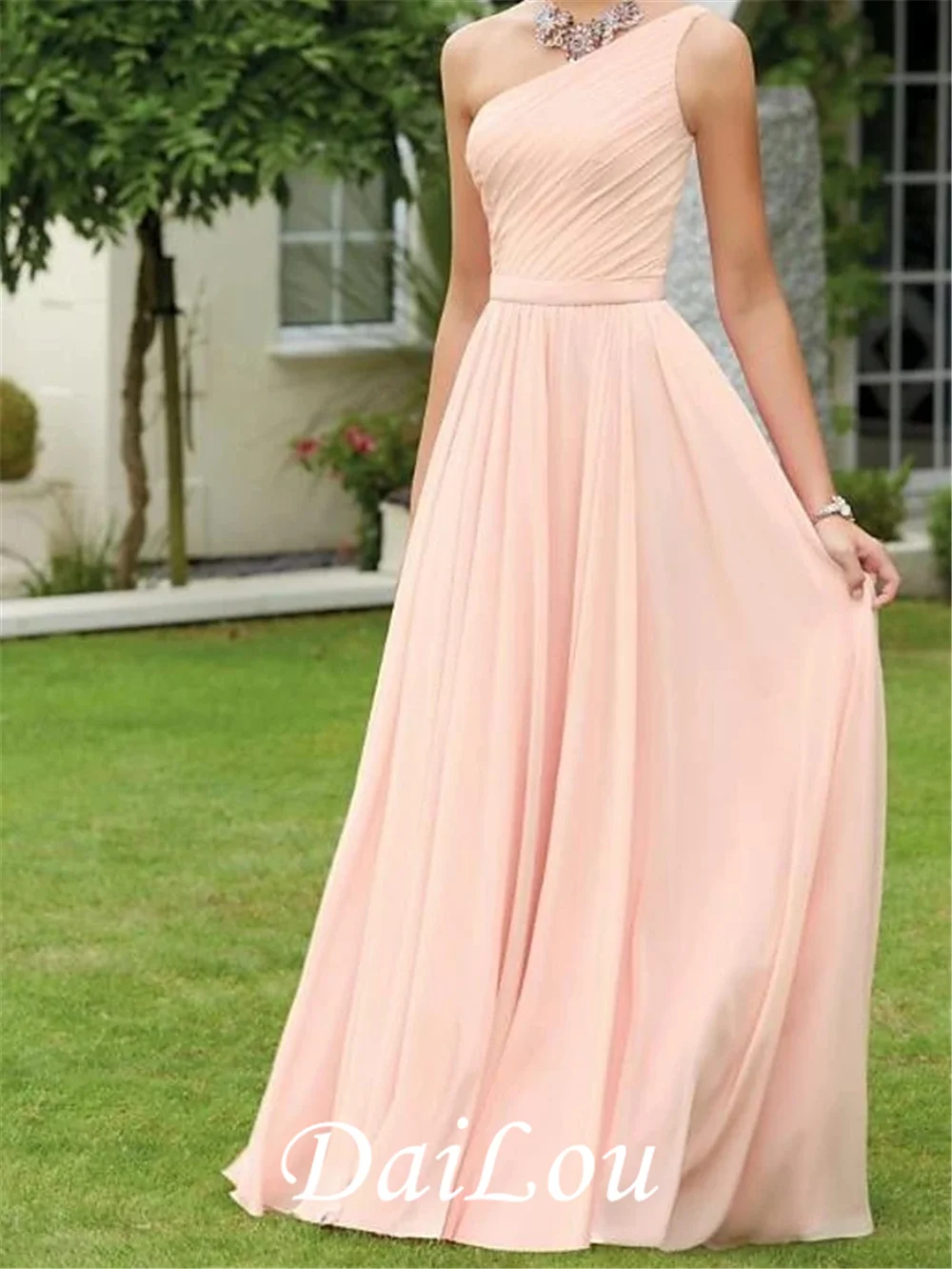 

A-Line One Shoulder Floor Length Chiffon Bridesmaid Dress with Pleats 2021