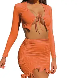 2021 Women Mini Skirts Outfit Solid Color Long Sleeve Sexy Crop Top Ruched Drawstring Sport Two Pieces Girls Skirts Matching Set