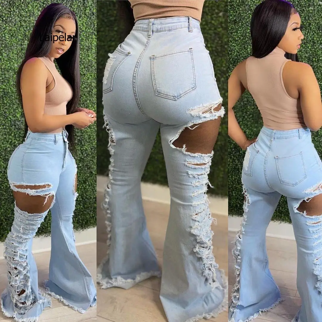 

Women Jeans Mid Waist Ripped Elastic Sheath Full Length Denim Flare Pants Female Fashion Casual Trousers Summer 2021