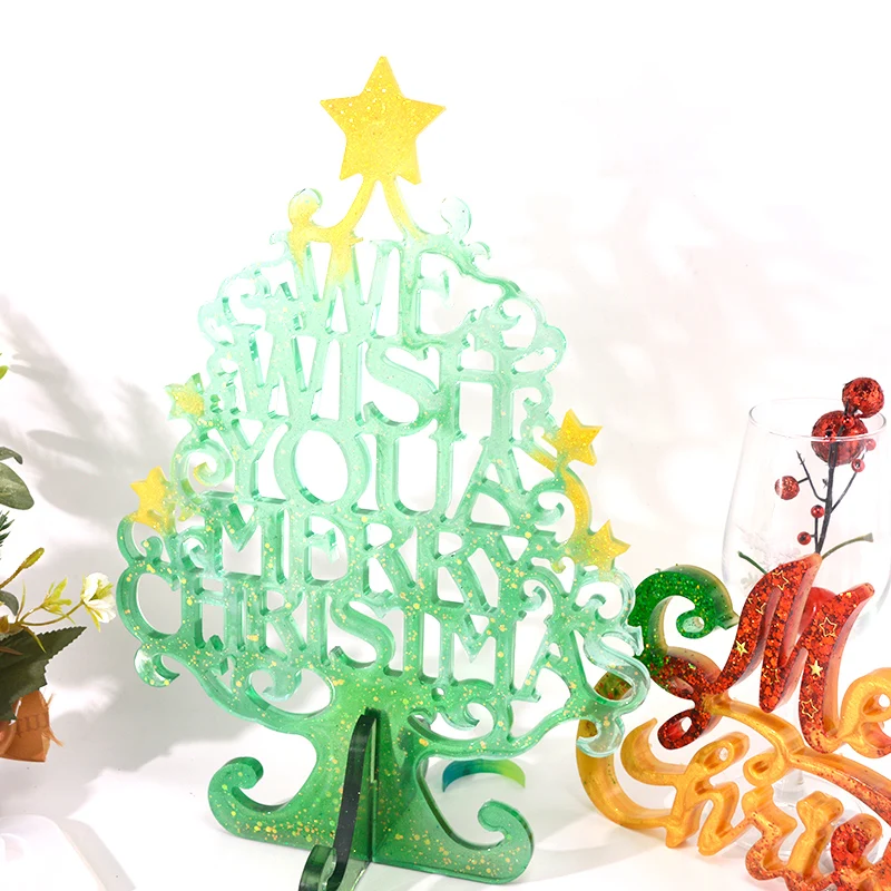 Molde de silicona con forma de árbol de Navidad, Resina Epoxi, letras de Feliz Navidad, Resina Epoxi para manualidades DIY