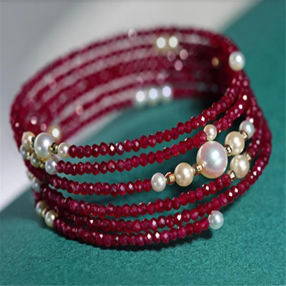 Fashion Natural Red Spinel Pearl Gemstone Cuff Bracelet Lucky Cultured Wedding Christmas Women