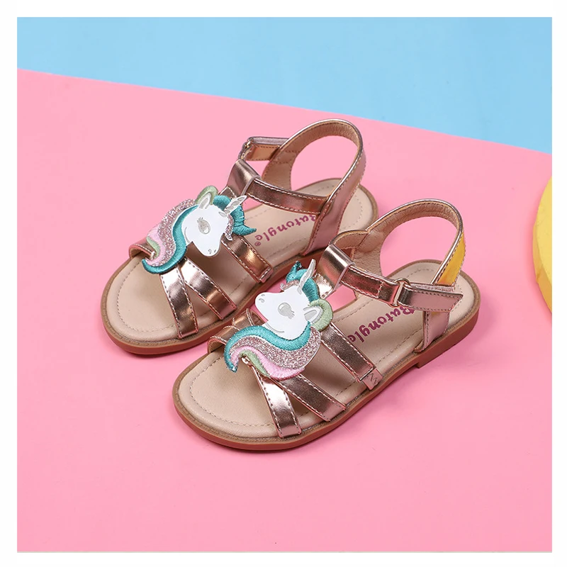 Unicorn girls sandals bright metallic kids girls sandals Adjustable customized fit princess summer shoes