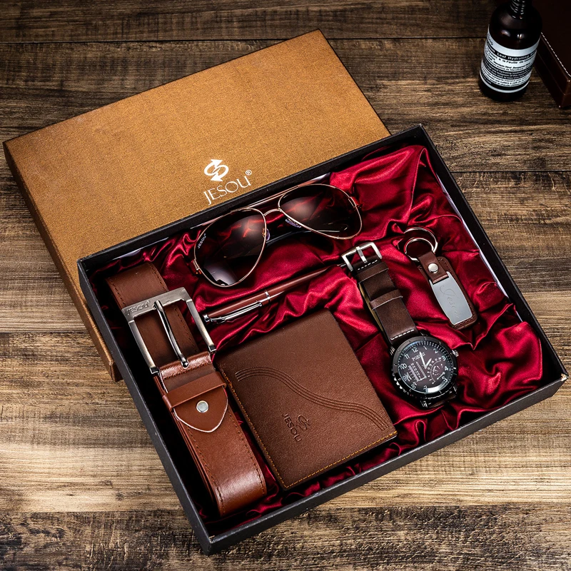 Fashion Men Watch Luxury Gifts Set Sunglasses Top Quality Belt Wrist Watch Wallet Key Ring pen For Men Valentine\'s Christmas