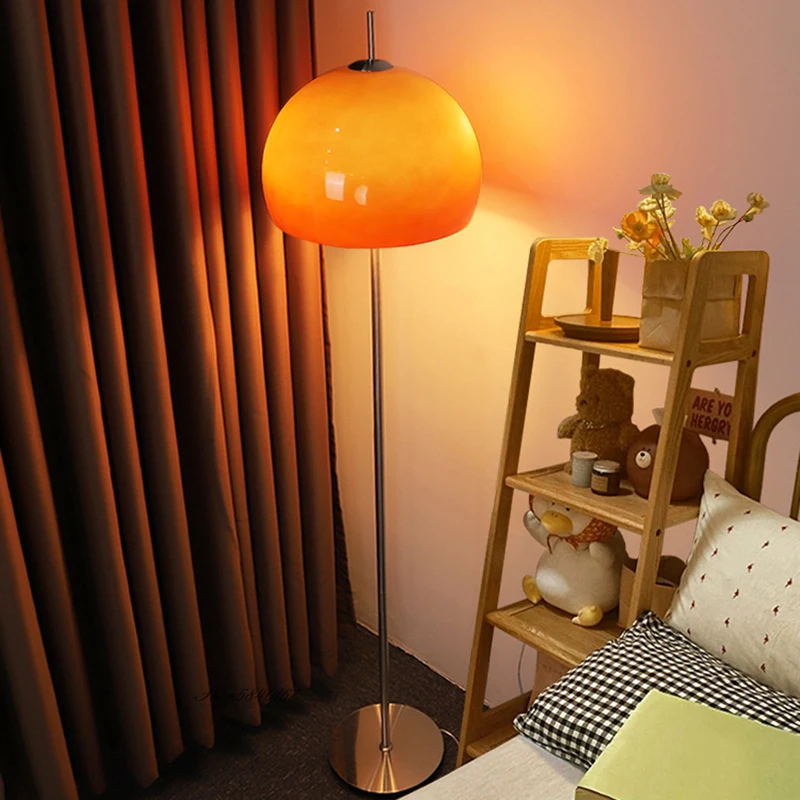 French Orange Glass Floor Lamp Vintage Chrome Base Lamp Living Room Study Corner Tall Lamp Bedroom Beside Lamp Decor Stand Light