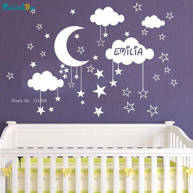 Custom Name Moon Star Cloud Wall Decals Cartoon Sky Stars Clouds Nursery Personalized Vinyl Sticker Lovely YT4927