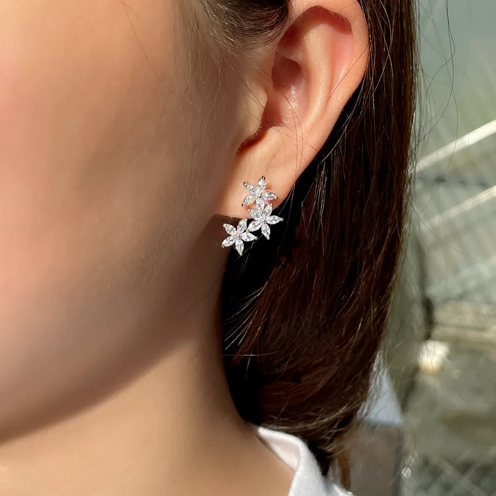CWWZircons Trendy White Cubic Zirconia Silver Color Cluster Flower Leaf Stud Earrings for Women Chic Korean Style Jewelry CZ933