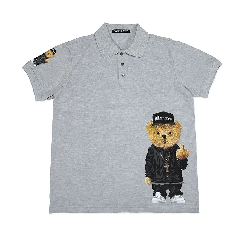 High New Novelty Embroidered Bear Striped Collar Cute crown Casual Polo Shirts Shirt Skateboard Cotton Polos Top Tee 047