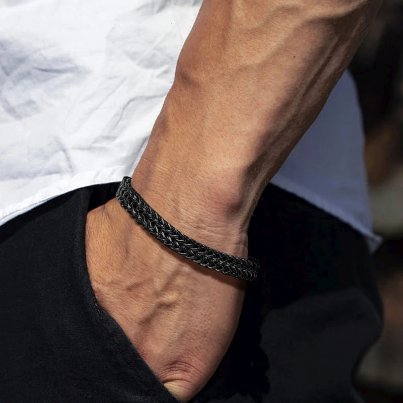 BALI STAINLESS STEEL FOXTAIL FRANCO CHAIN BRACELET FOR MEN JEWELRY 6-6.7MM WIDE