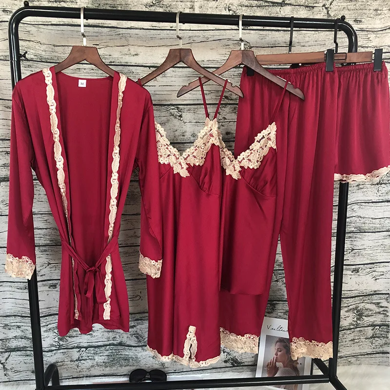 Pajama Set Women Lace Trim Satin Sleepwear Pyjamas Femme Spring Nightwear With Pants Casual Home Wear Kimono Robe Gown PJS