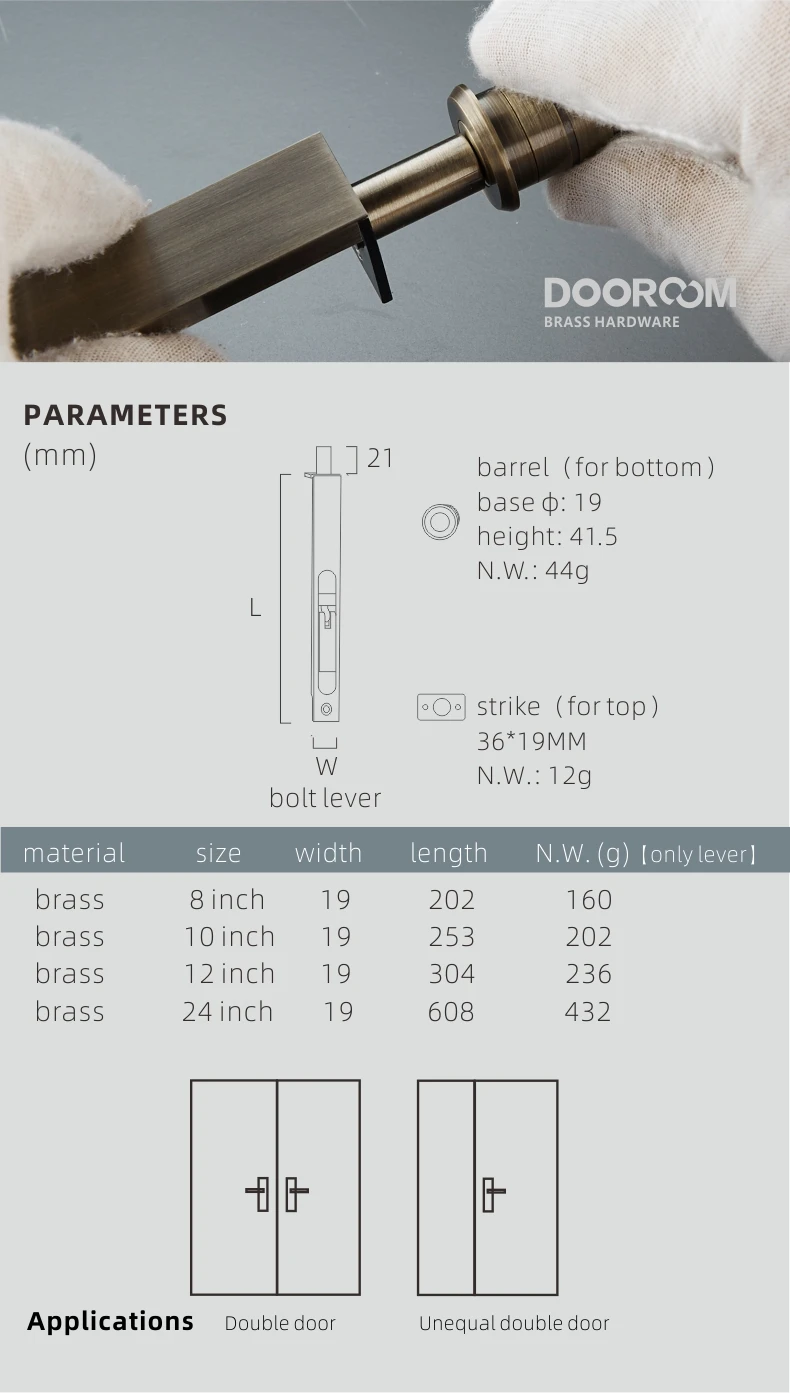 Dooroom Messing Flush Bolt Latch Verdeckte Sicherheit Rutsche Lock Hebel Action 8 "10" 12 "24" Für doppel Tür Mit Leistungsstarke Frühling – Detail 7