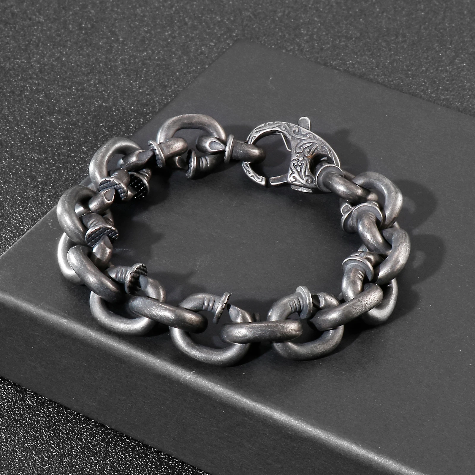 HaoYi Vintage Stainless Steel Link Chain Bracelet For Men Fashion Oxidized Black Punk Cuff Jewelry Gift