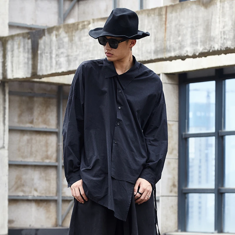 

Men's spring and autumn new irregular hem off the shoulder design shirt classic dark casual loose large size shirt