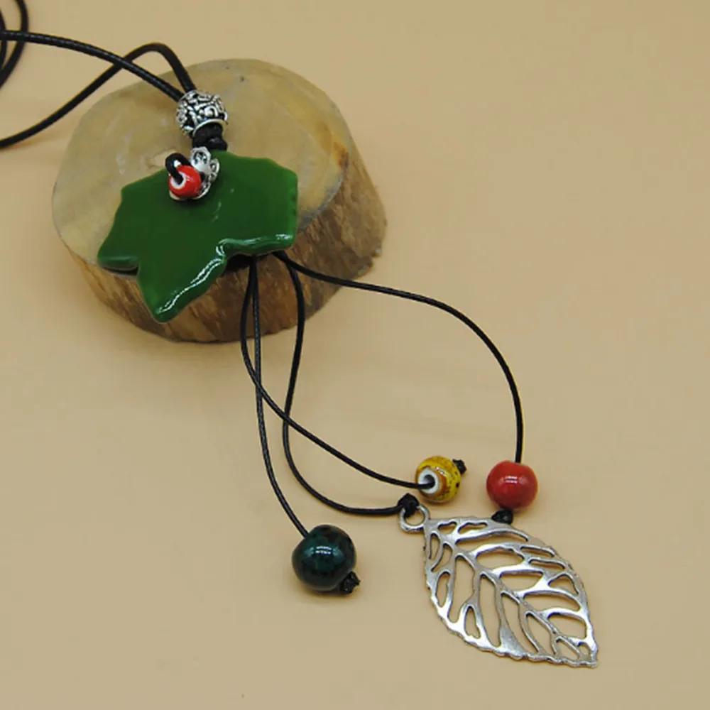Retro Ethnic style Handmade ceramic Bead Alloy leaves pendant necklace N295