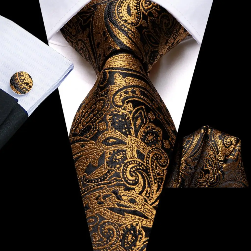 Hi-Tie Black Gold Floral Paisley Silk Wedding Tie For Men Handky Cufflink Fashion Design Tie For Men  Business Party Dropship