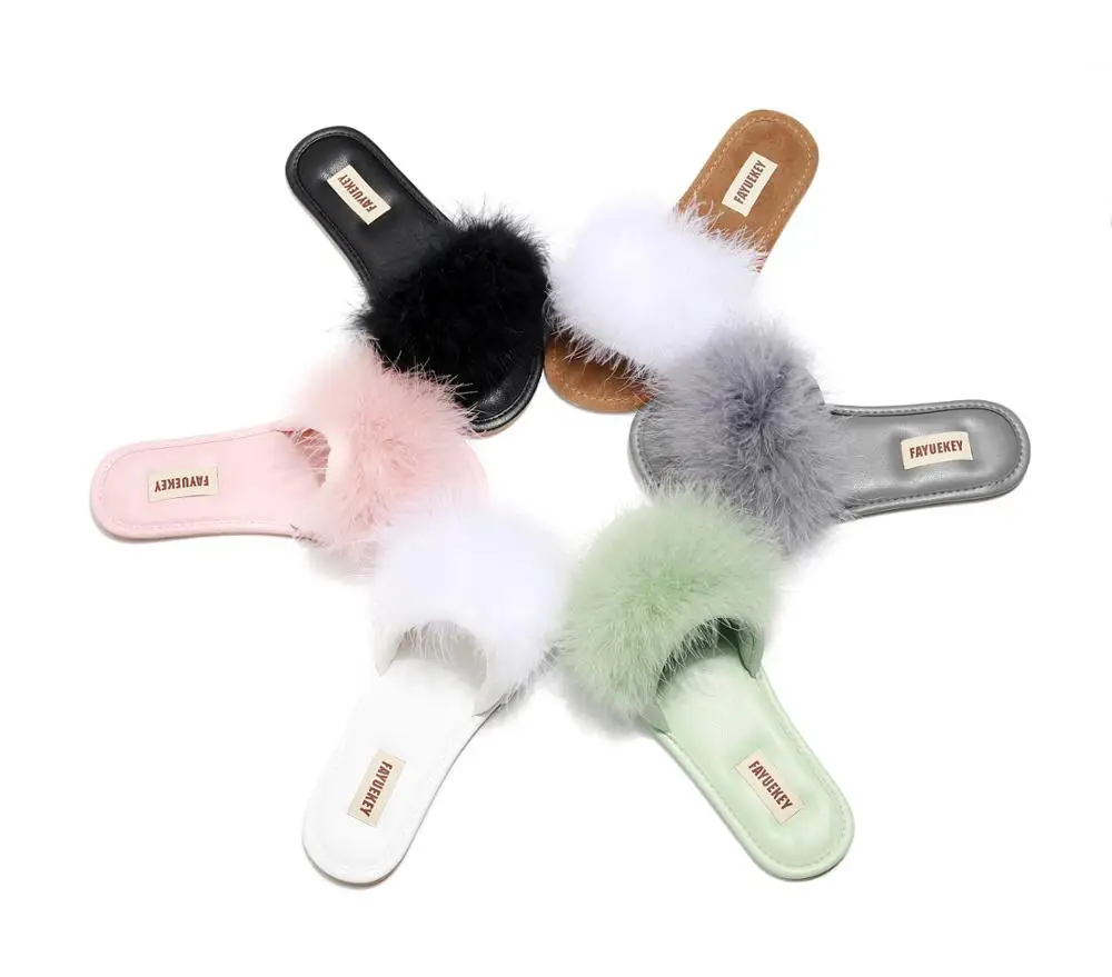 FAYUEKEY 2023 New Spring Summer Home Cotton Plush Fur Slippers  PU sole Furry Slide Women Indoor Floor flip flop Flat Shoes