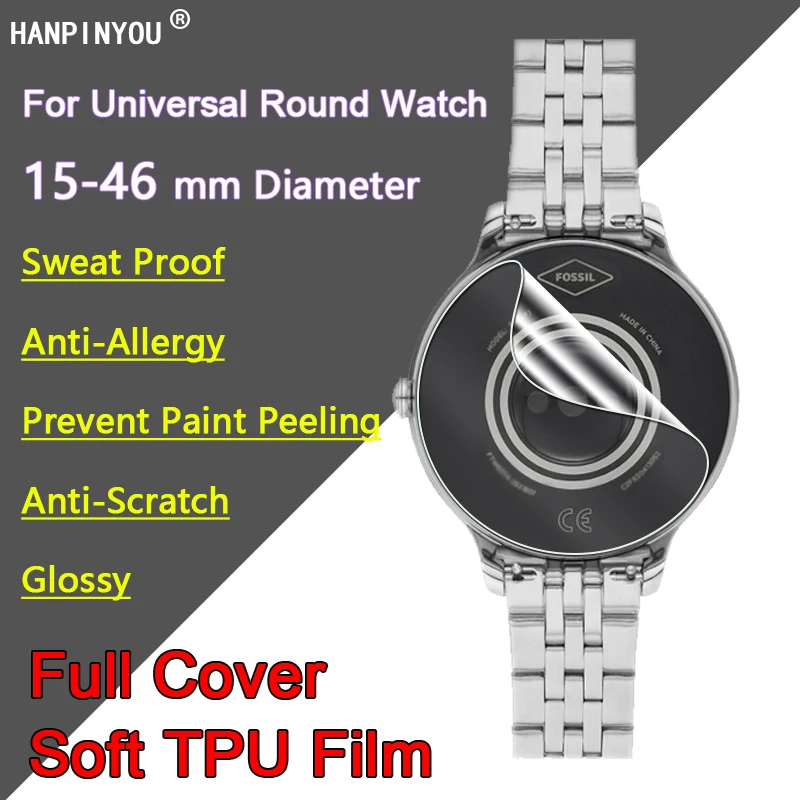 For Universal Famous Brand Round Watch Diameter 15-49mm Sweat Proof Soft TPU Film Front Back Cover Screen Protector -Not Glass