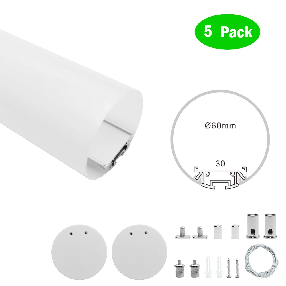 5 Pack 1M (3.3FT) D60 60mm Dia. Round Extruded Aluminum Channel Kit Pendant Mounting for Ceiling LED Lighting Installtion