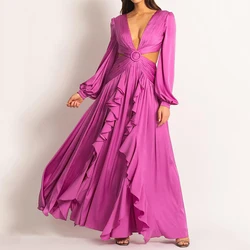 KEAFADS-Robe Longue Plissée à Volants pour Femme, Tenue Élégante, Taille Haute, Col en V, Manches Lanternes, Amissié, Couleur Unie, Document, Soirée