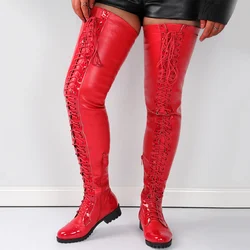 Hot Red Front Lace up punta tonda sopra gli stivali al ginocchio inverno antiscivolo tacco basso quadrato stivali da donna Sexy coscia taglia 43