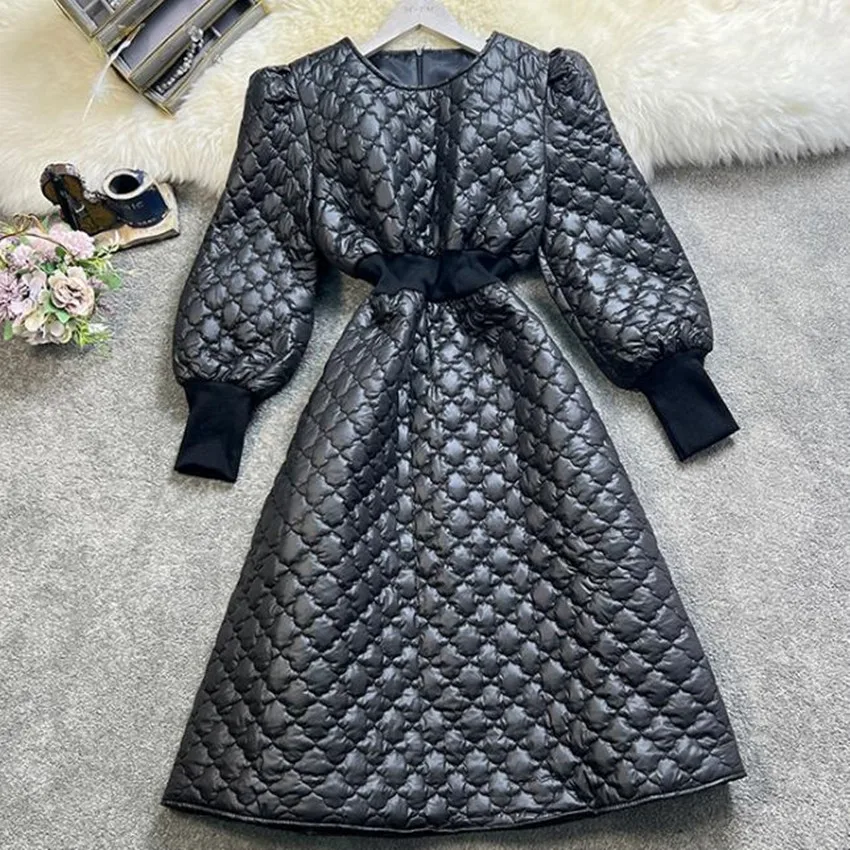 French style winter vintage quilted puff sleeve princess dress women slim a-line warm dress