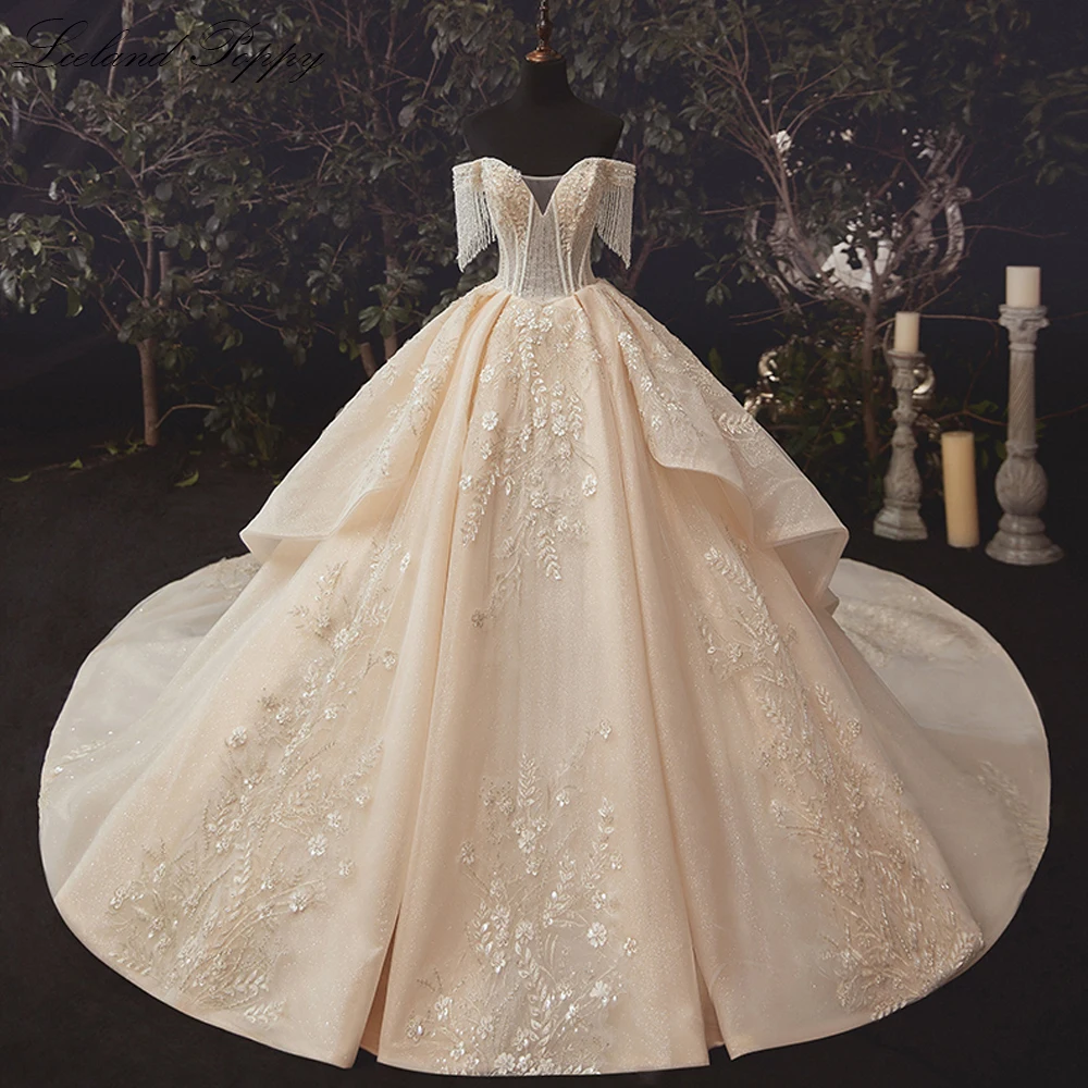 Lceland Poppy Customized Off the Shoulder Ball Gown Wedding Dresses Illusion Beaded Lace Bridal Gowns with Cathedral Train