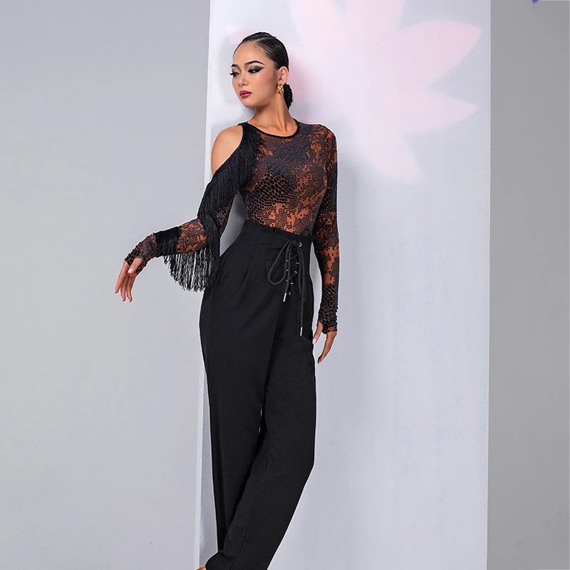 Female Velvet Hollow Sleeve Fringed Latin Top Latin Dance Tops For Women Latin Dance Costumes Modern Practice Clothes SL5714