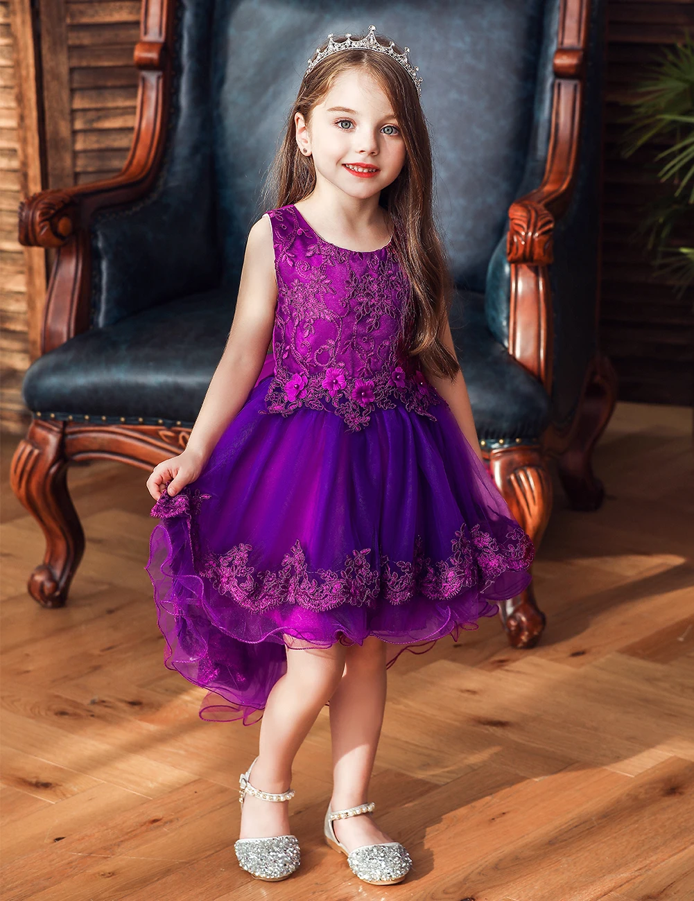 Purple Sleeveless Kids Girl Bow Embroidered Clothing Cute Crew Neck Girl Night Dress For Child Aged 2-12 Years Old